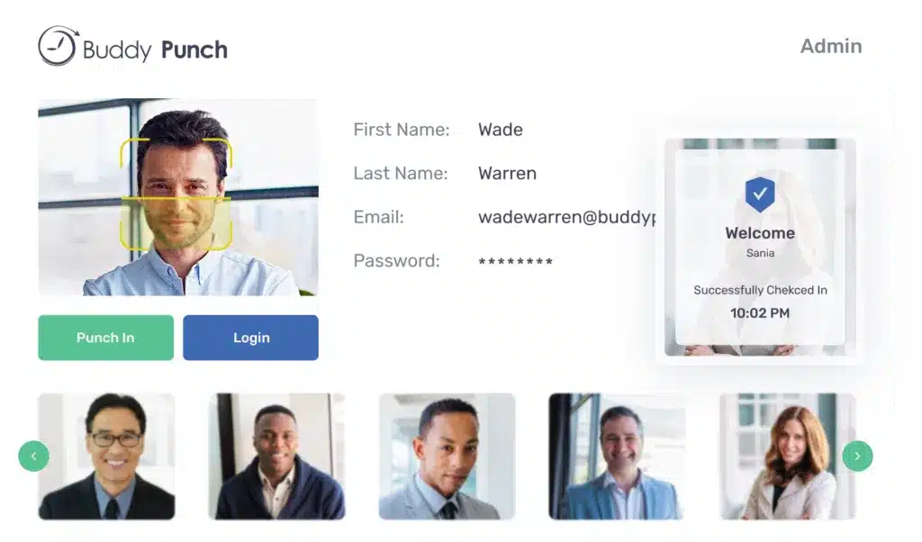 Image of Buddy Punch, logo, benifits, gps, facial recognition, reports