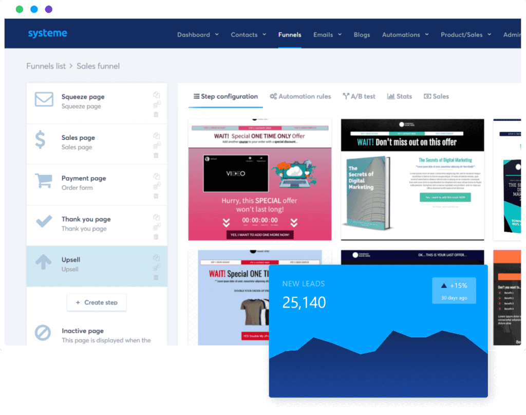 Image for systeme.io, marketing tool, website hosting, email marketing, sales funnel, affiliate management, e-commerce management, console