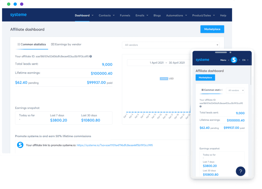 Image for systeme.io, marketing tool, website hosting, email marketing, sales funnel, affiliate management, e-commerce management, affiliate page